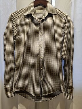 Men's Brown and White Gingham Button-Up Shirt
